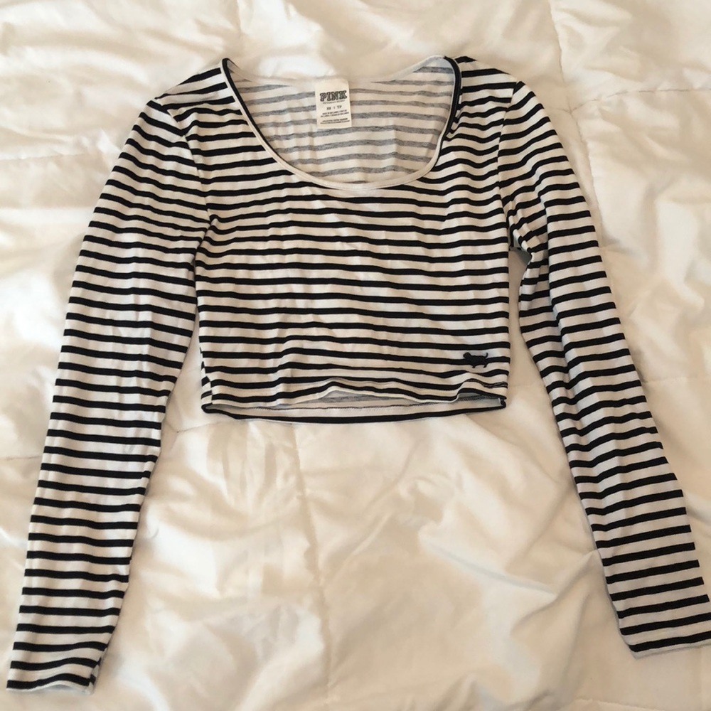 PINK Long-Sleeve Striped Crop Top